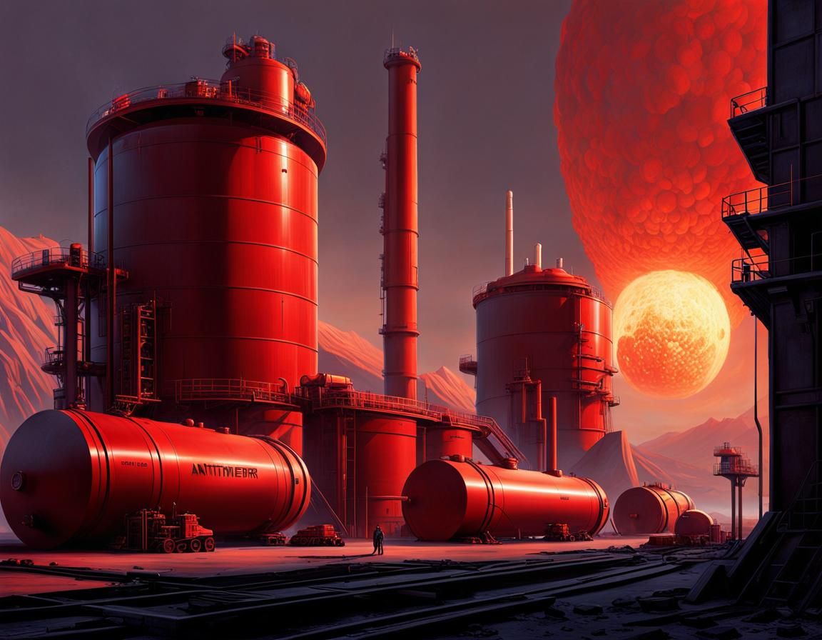 Grimdark Sci-Fi Antimatter Fuel Refinery as Oil Painting