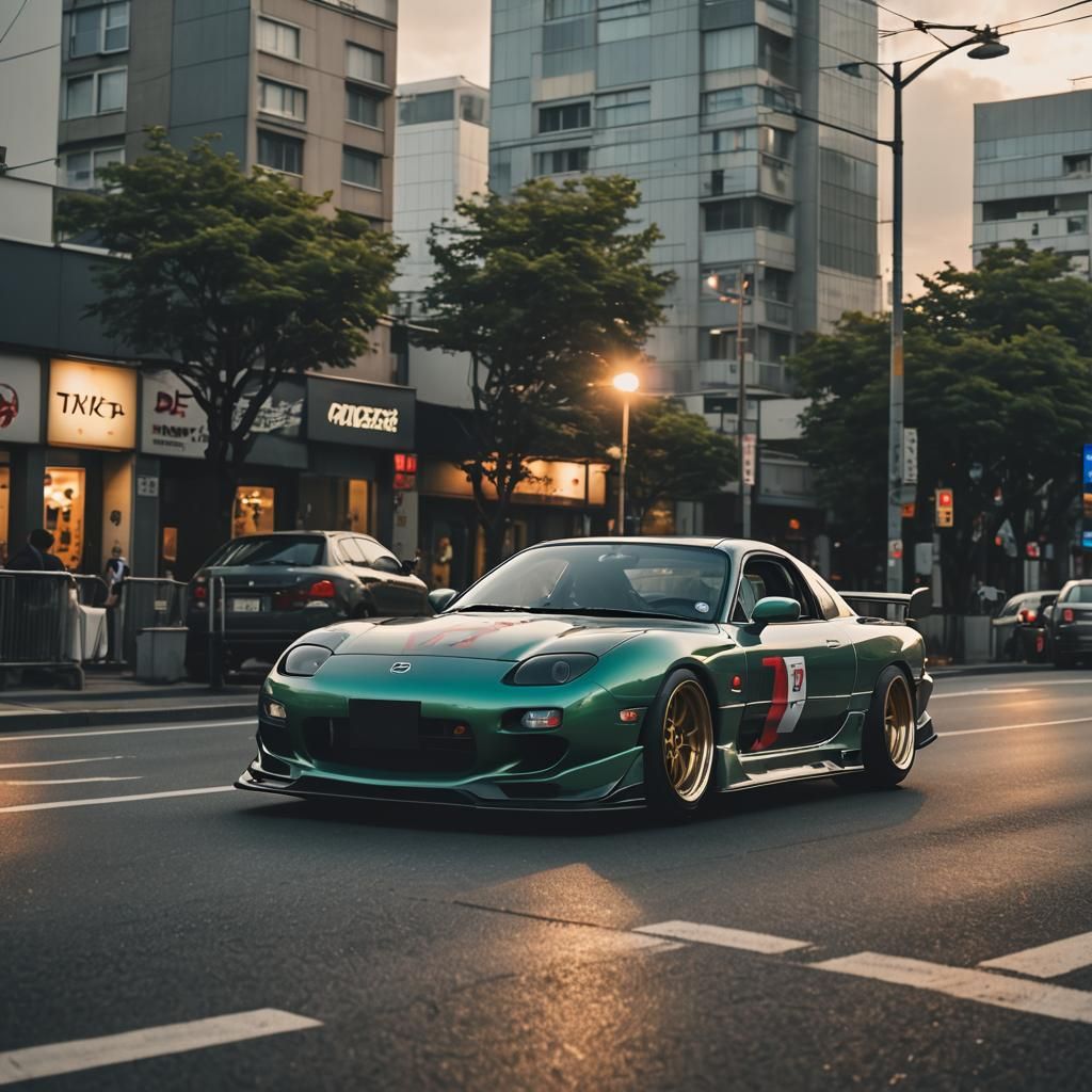 stanced with jdm style rims mazda rx7, wrapped in jdm style flag colors body artwork, from the side front, sunset lighti...