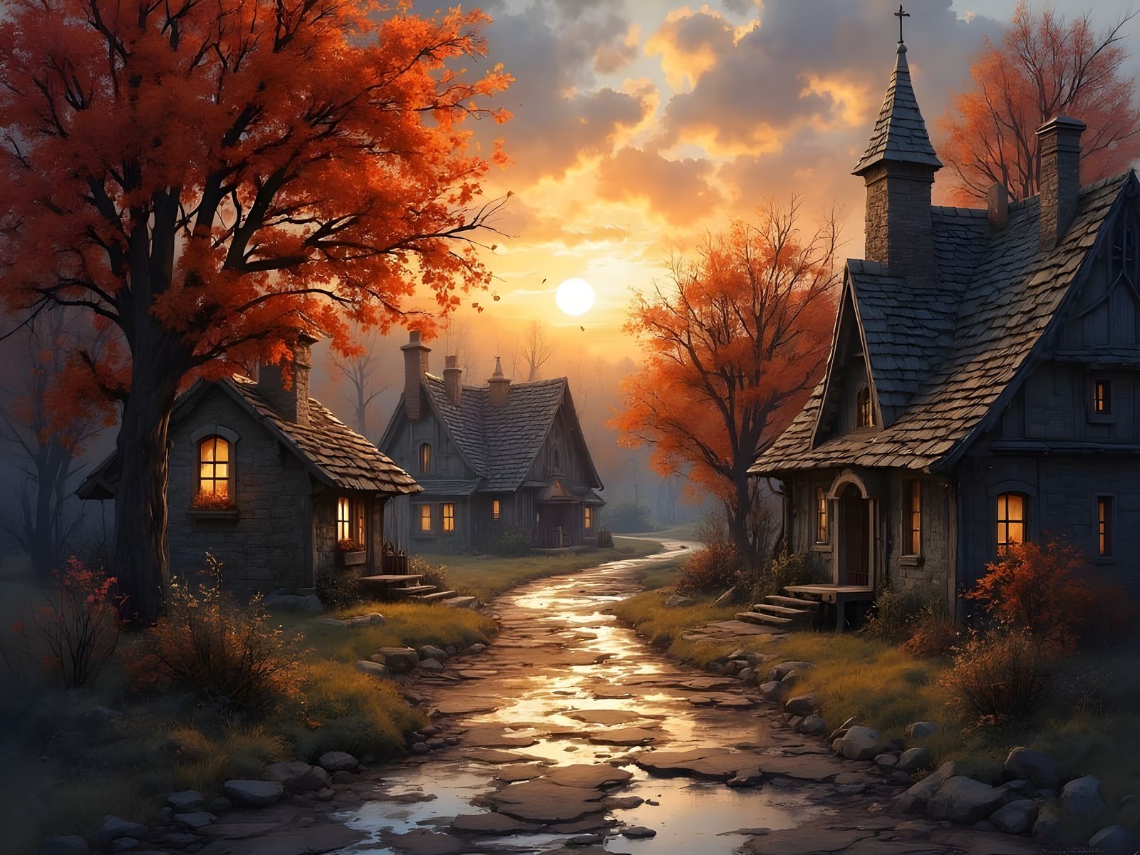 Autumnal Norse Village at Dusk in Film Style