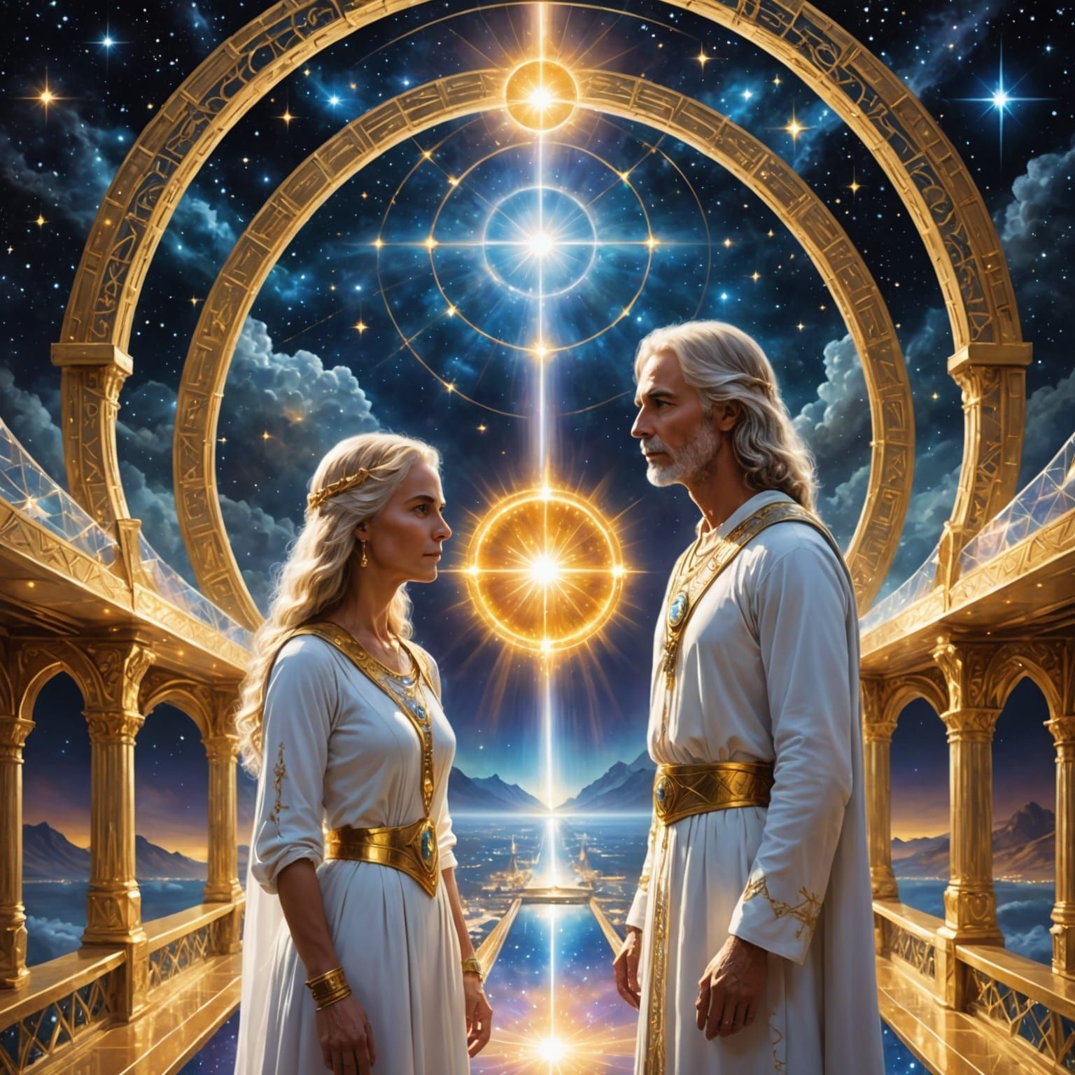 Ashtar and Mira in Cosmic Dance Above Crystal Bridge