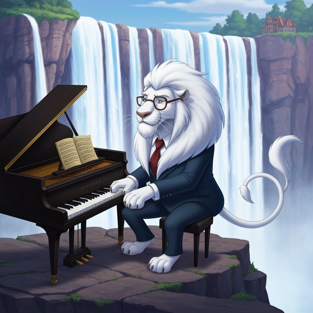 Regal Lion Pianist with Steampunk Waterfall Backdrop
