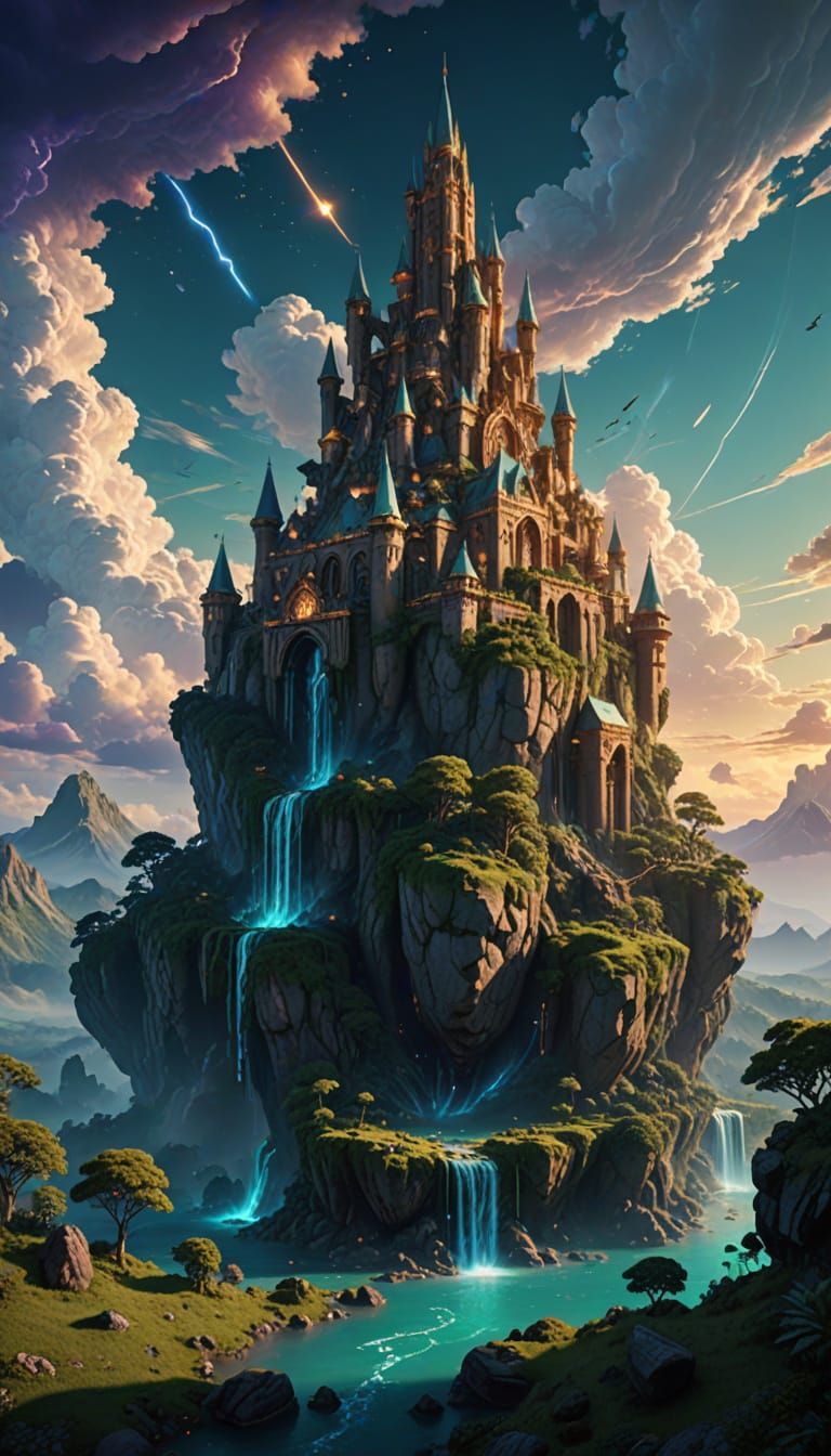 Epic Fantasy Realm Unfolds in Radiant Blue Skies