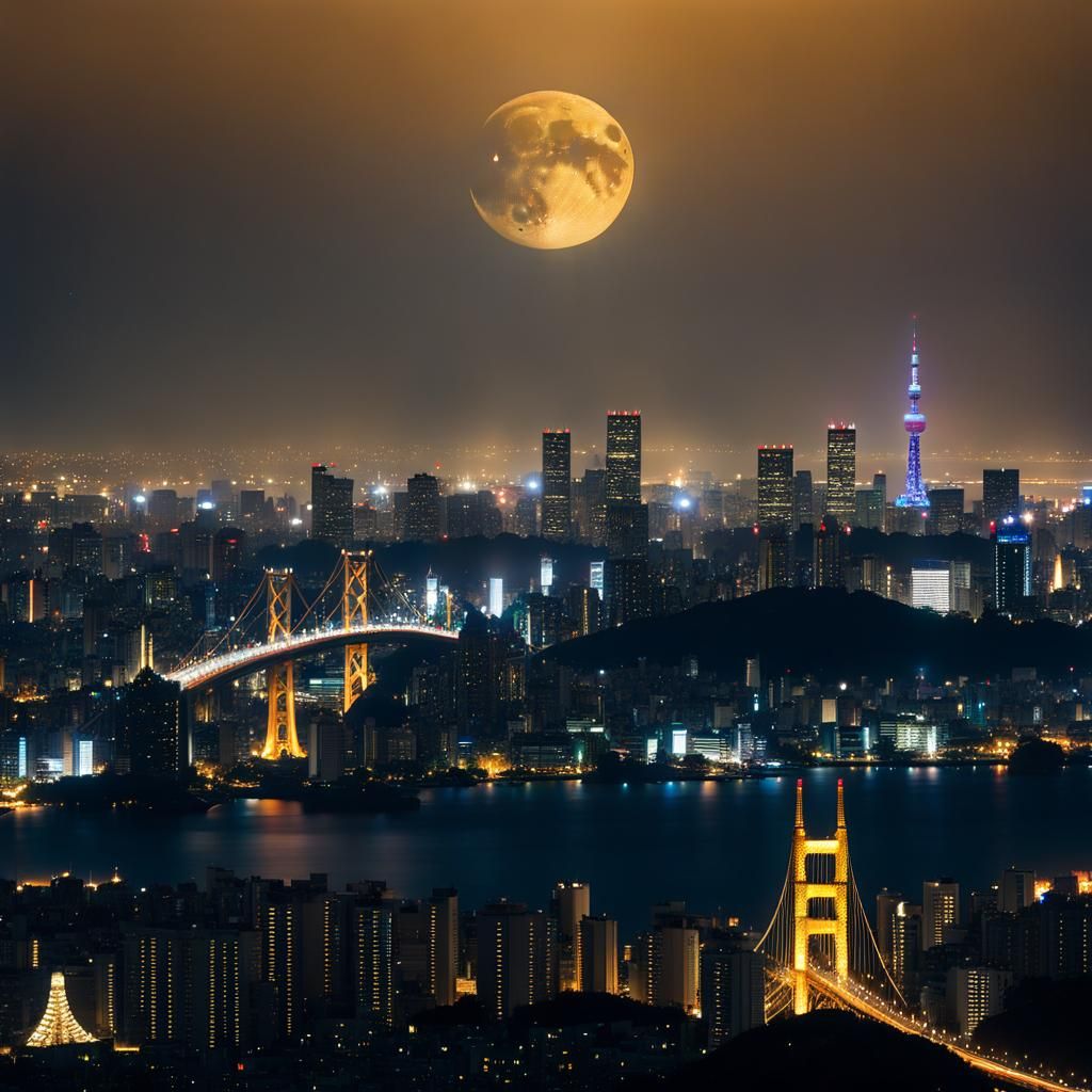 Tokyo Skyline at Midnight with Golden Glitter