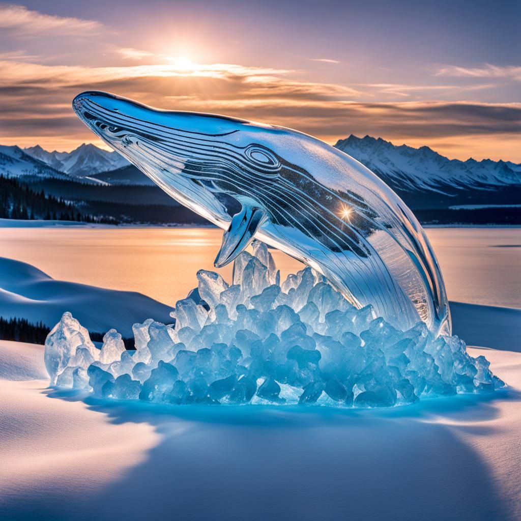 Ice Whale Sculpture on Snowy Beach
