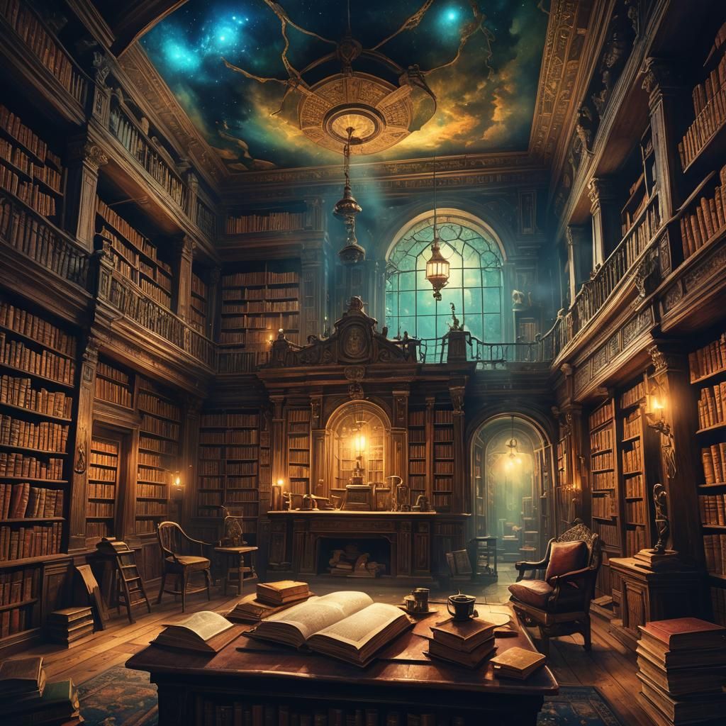 Atmospheric Ancient Library with Dreamlike Landscape