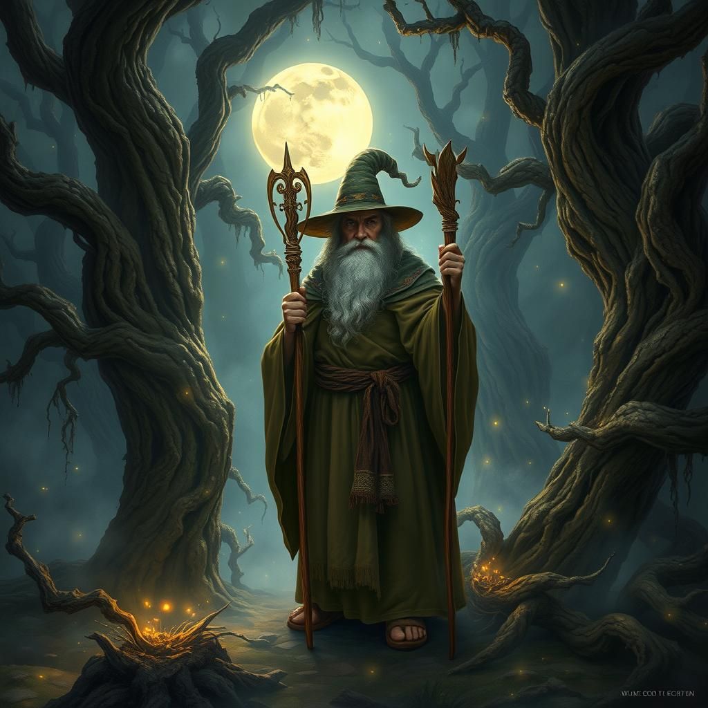 Mystical Forest Wizard in Moonlit Scene