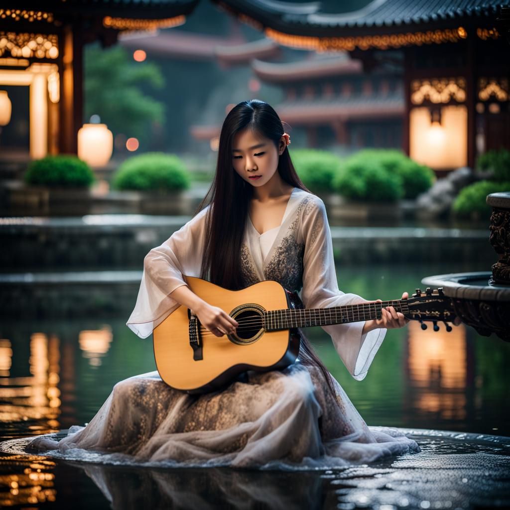 Chinese Woman Plays Guitar in Urban Garden
