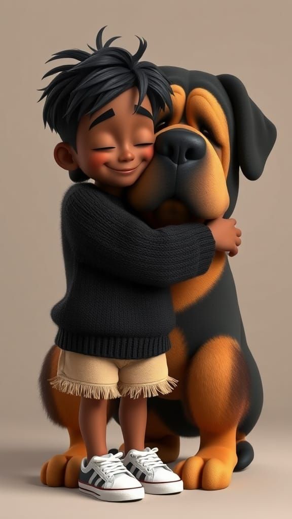 Boy Hugging Mastiff in Heartwarming 3D Cartoon Style
