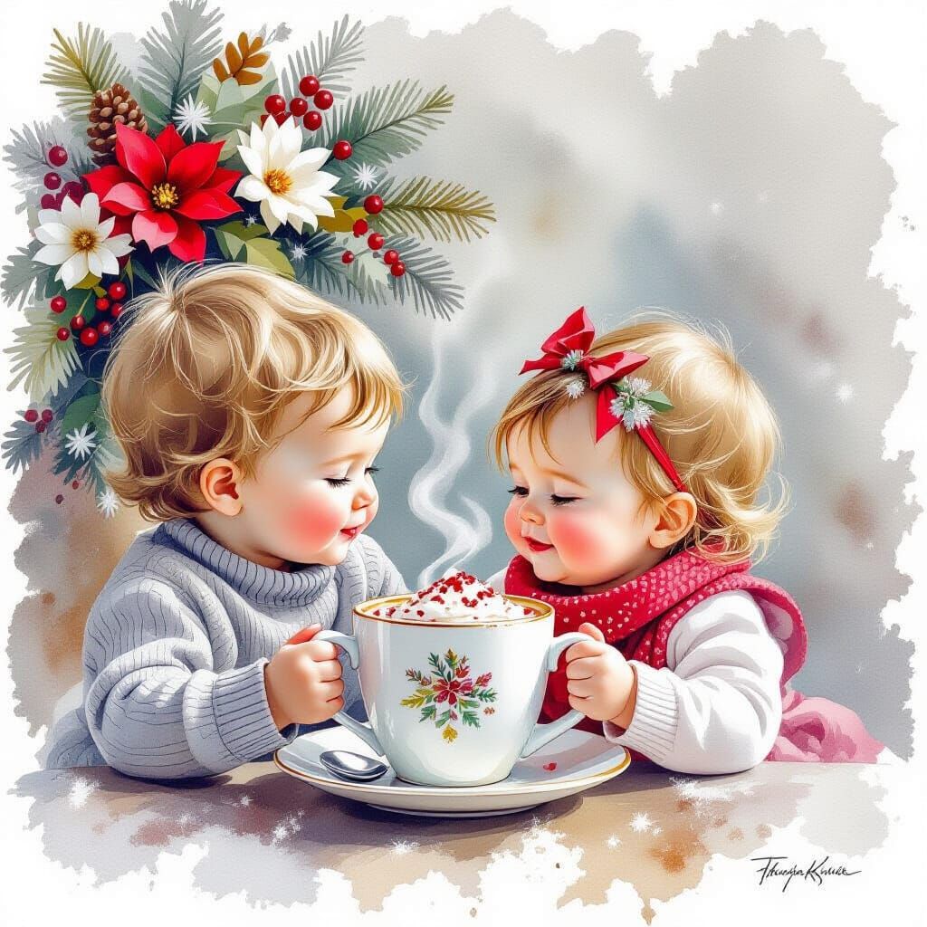 Ethereal Christmas Hot Chocolate Scene with Siblings