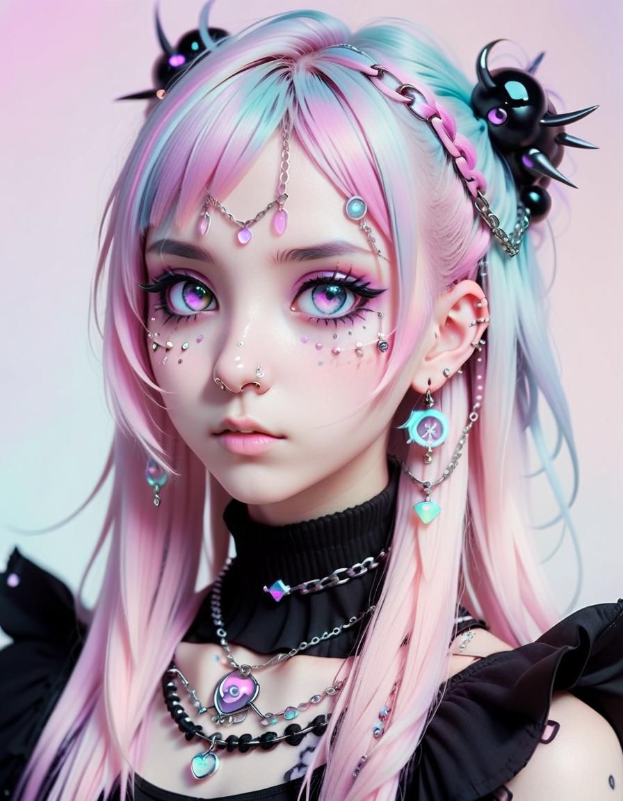 Pastel Goth Anime Girl with Face Piercings