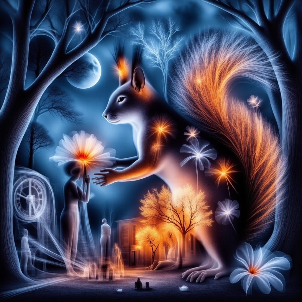 Giant Squirrel in Surreal, Vibrant Dreamscape