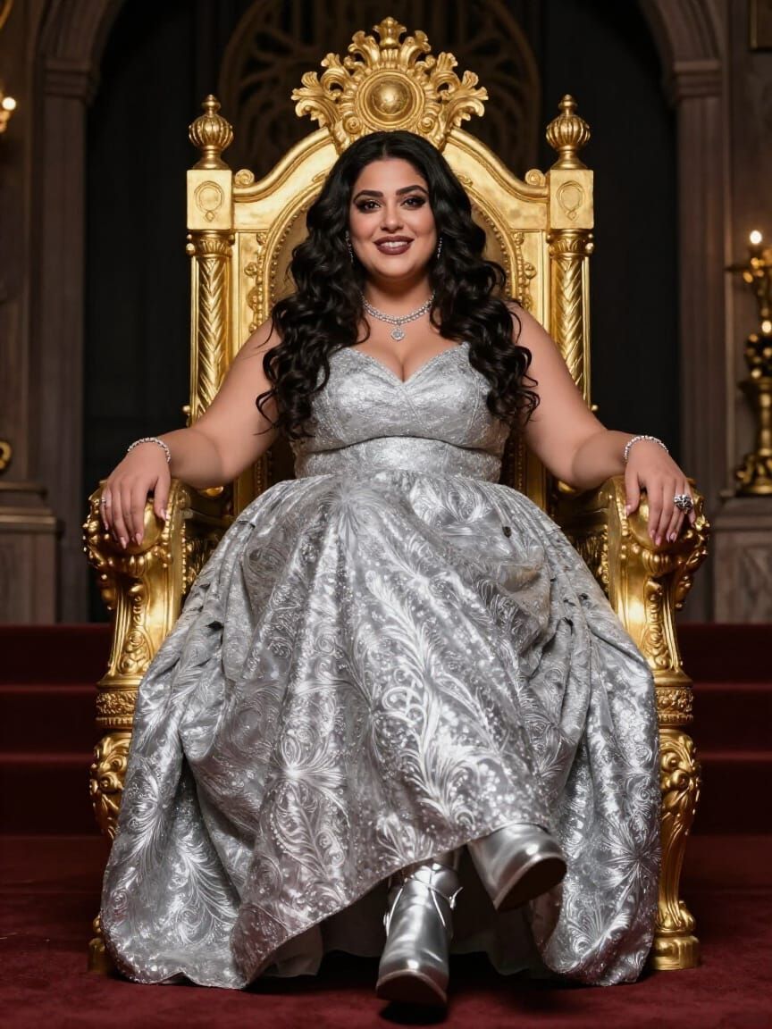 Overweight Middle Eastern Woman in Silver Gown on Golden Thr...