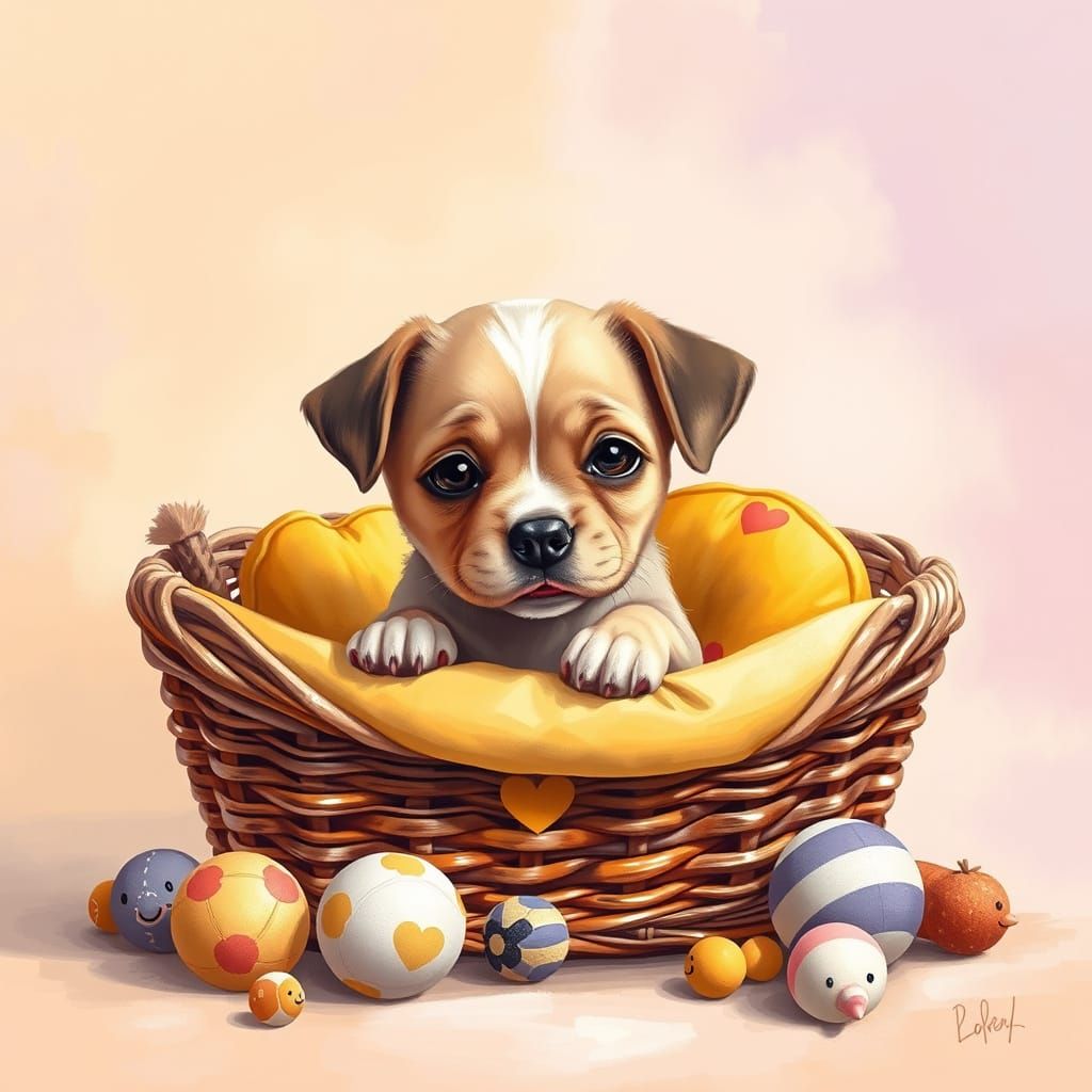 Vibrant Oil Painting of a Happy Puppy in a Whimsical Dog Bas...