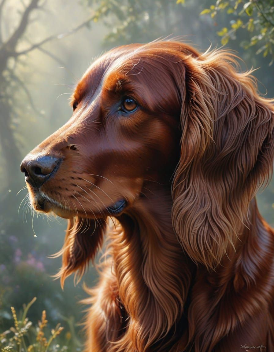 Ethereal Irish Setter in Misty Fantasy Landscape