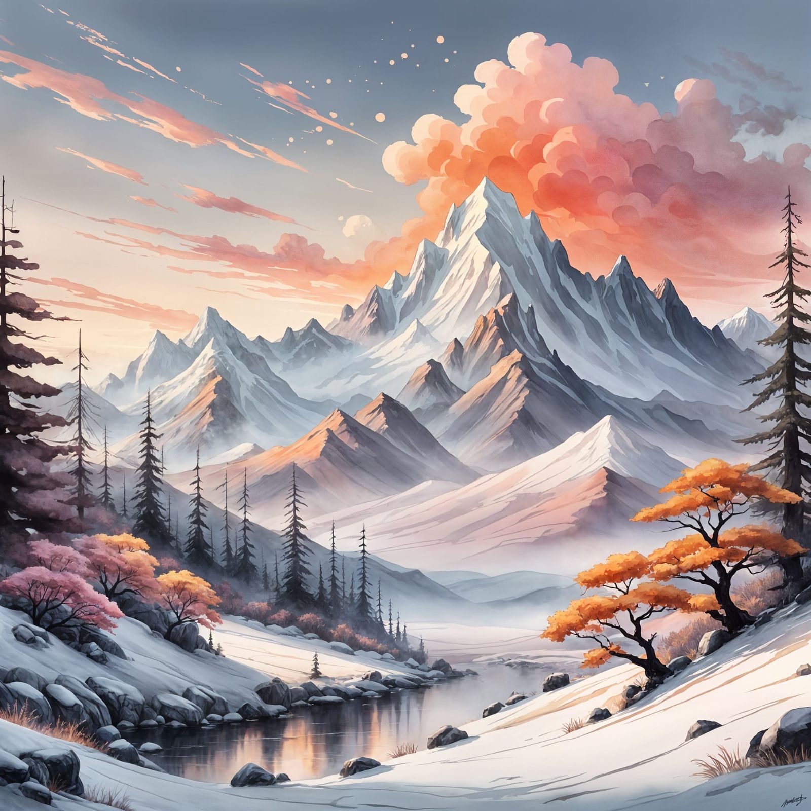Magical Himalayan Sunrise Landscape in Rackham Style