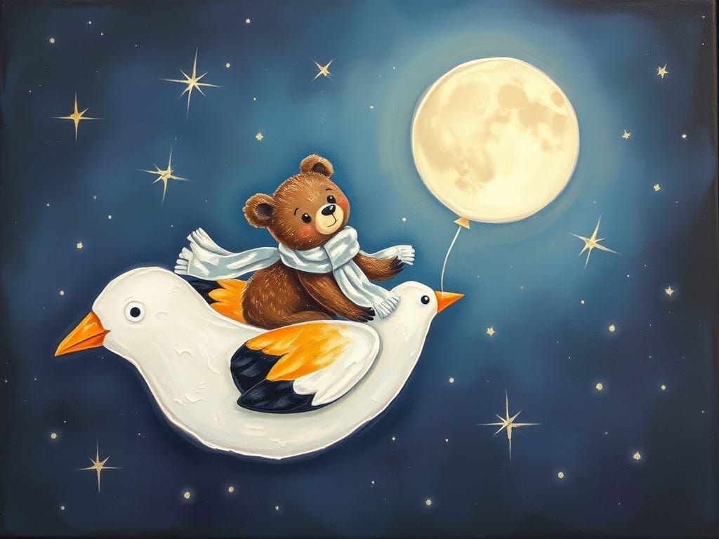 Encaustic Whimsy: Brown Bear in Dreamy Night Sky