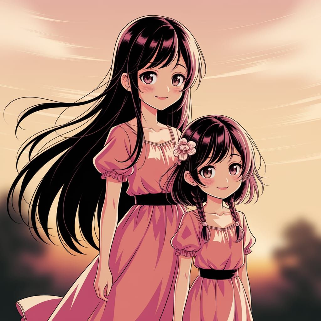 Anime Sisters at Sunset in Warm Hues
