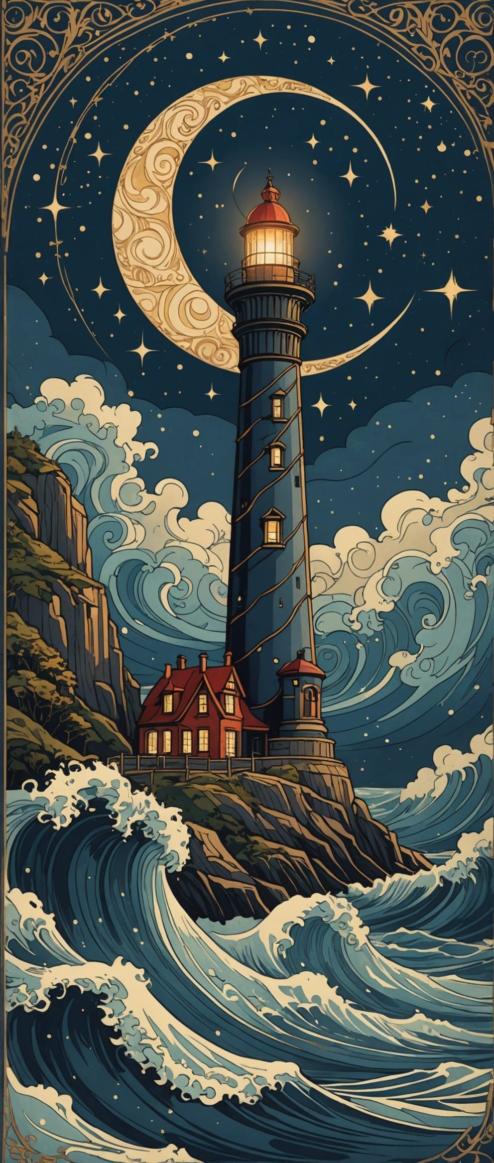 Art Nouveau Lighthouse Under Swirling Starry Sky