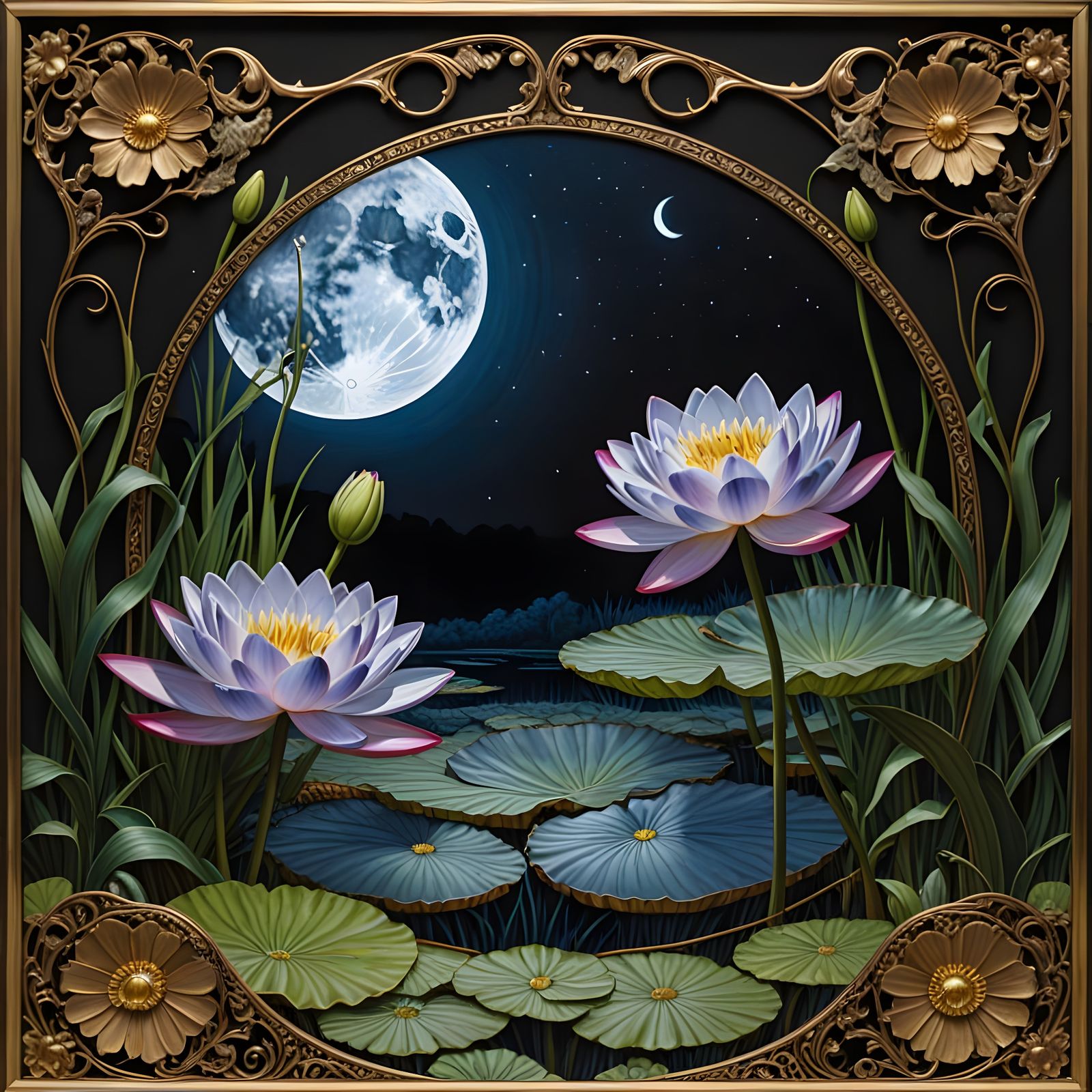 Lily Pond at Night with a Moon