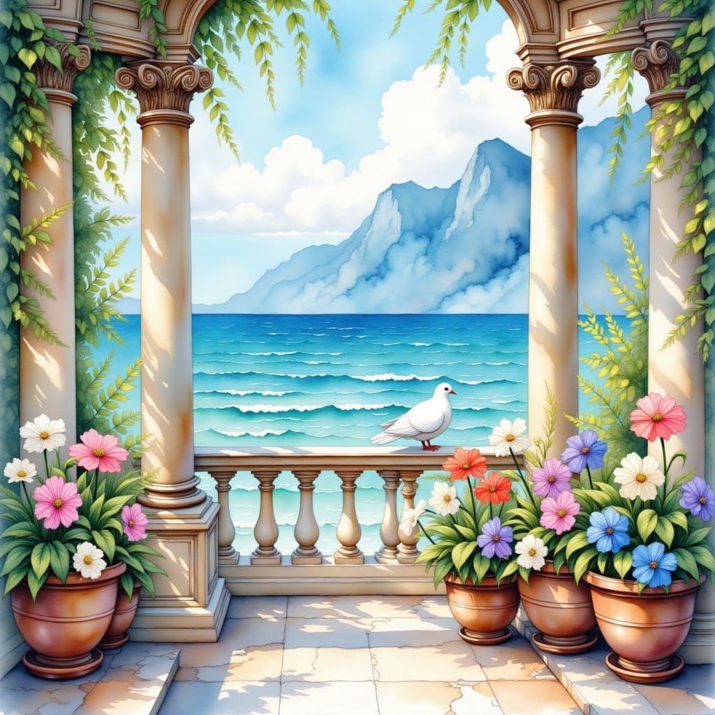 Grecian Balcony in Watercolor Style with Dove and Potted Pla...