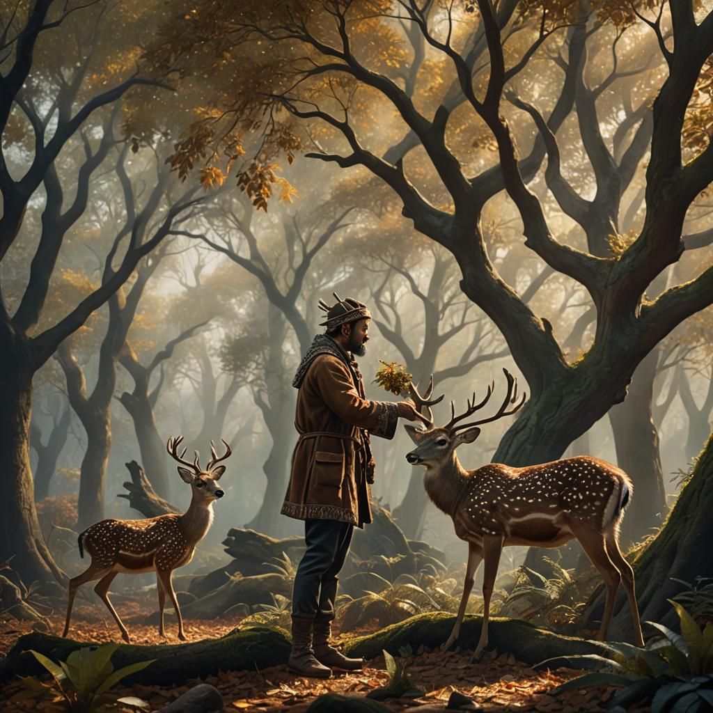 Man Feeds Deer in Sunlit Forest, Art Nouveau