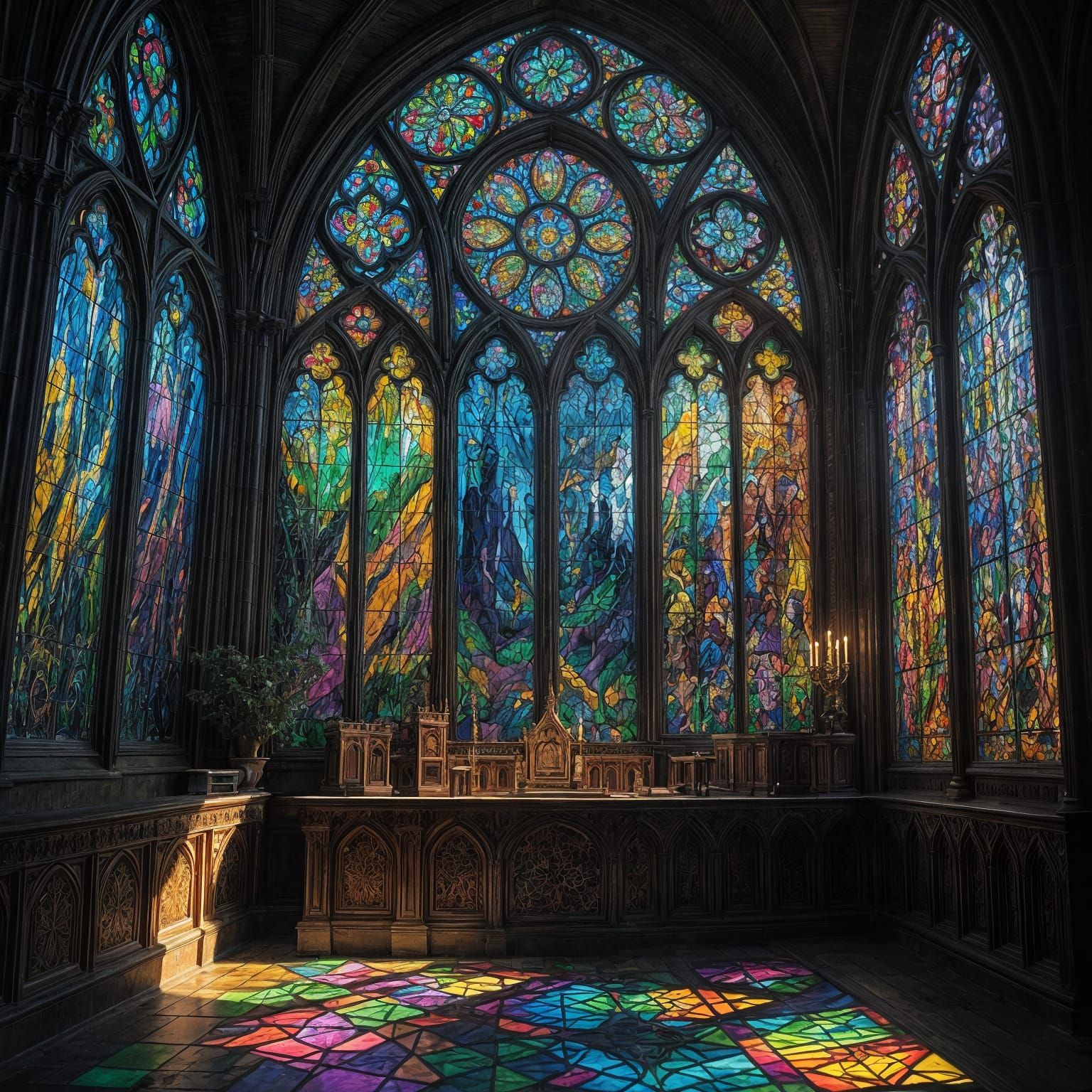 Gothic Stained Glass Cathedral on Mountain, Hyperrealism