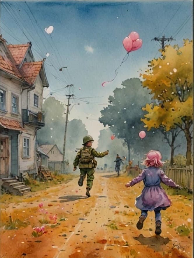 Girl Releases Balloons, Soldier Departs: Watercolor Art