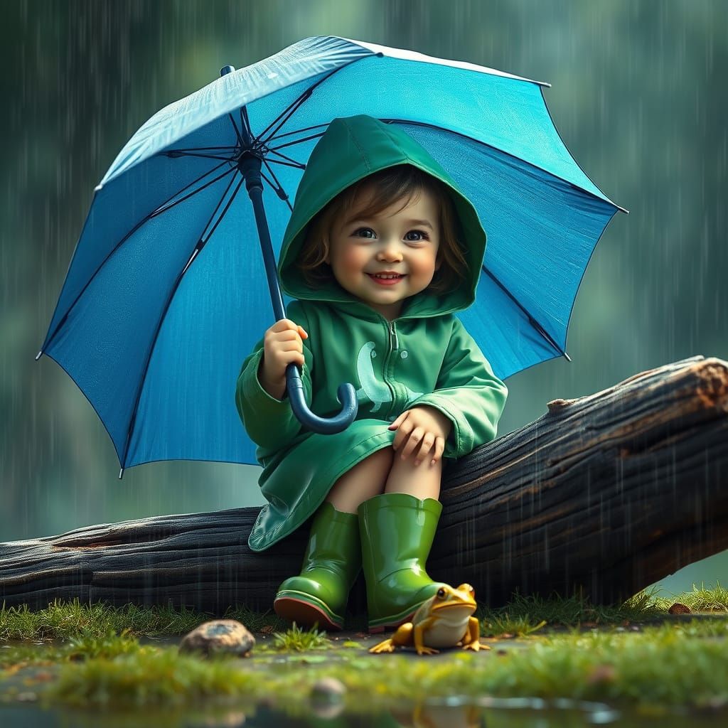Girl in Frog Raincoat with Umbrella