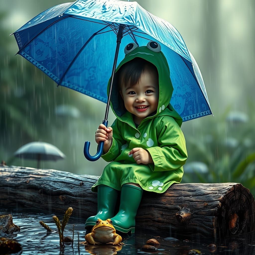 Girl in Frog Raincoat with Umbrella