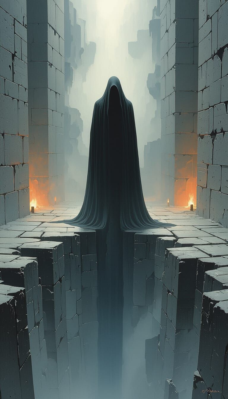 Ominous Figure at Bottomless Pit: Surrealist Art