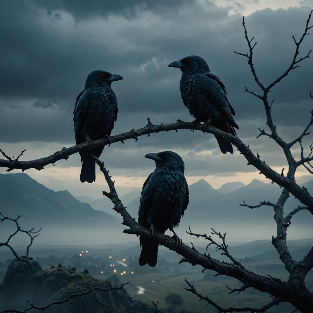 Mystical Ravens Perched on Misty Branch