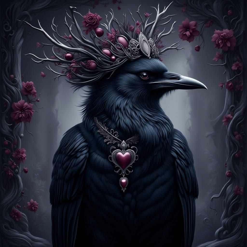 Ethereal Black Bird with Floral Crown