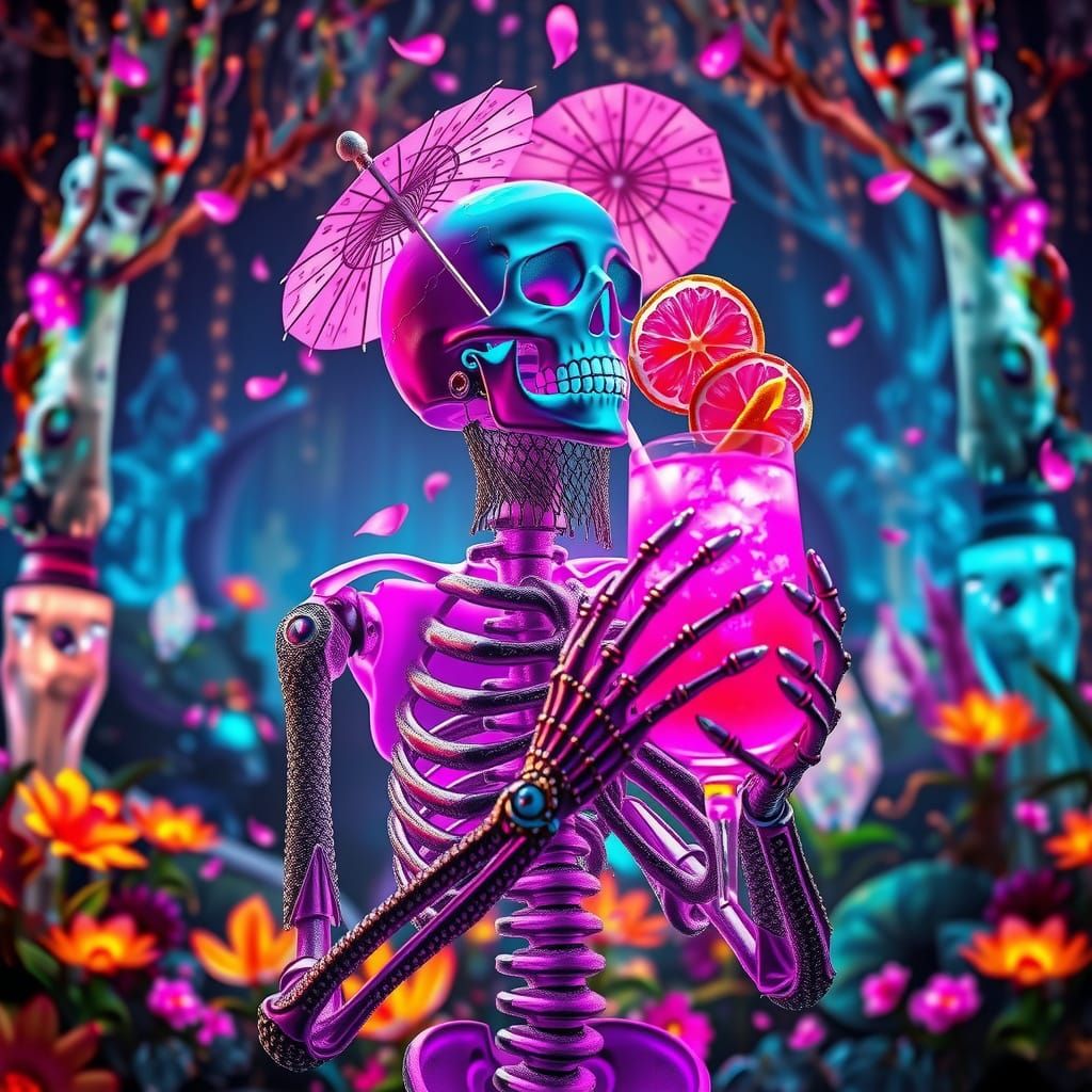 Crystal Skeleton in Neon Forest, Digital Art