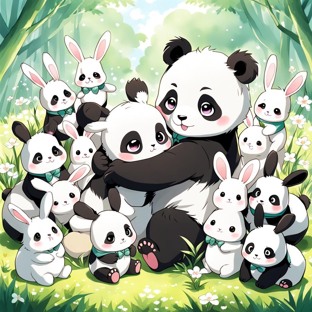 Anime Style: Baby Panda and Bunnies