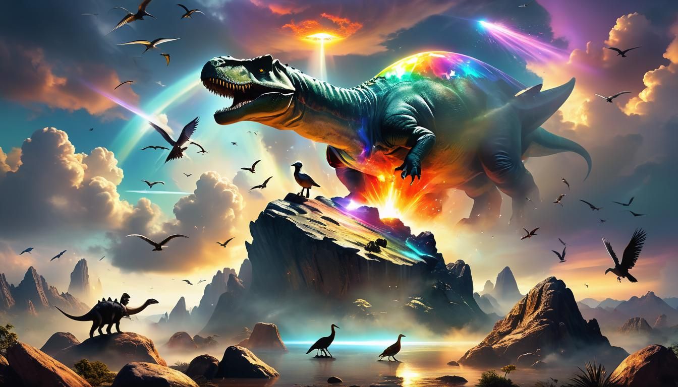 Levitating Holy Rock Amidst Dinosaurs and UFO