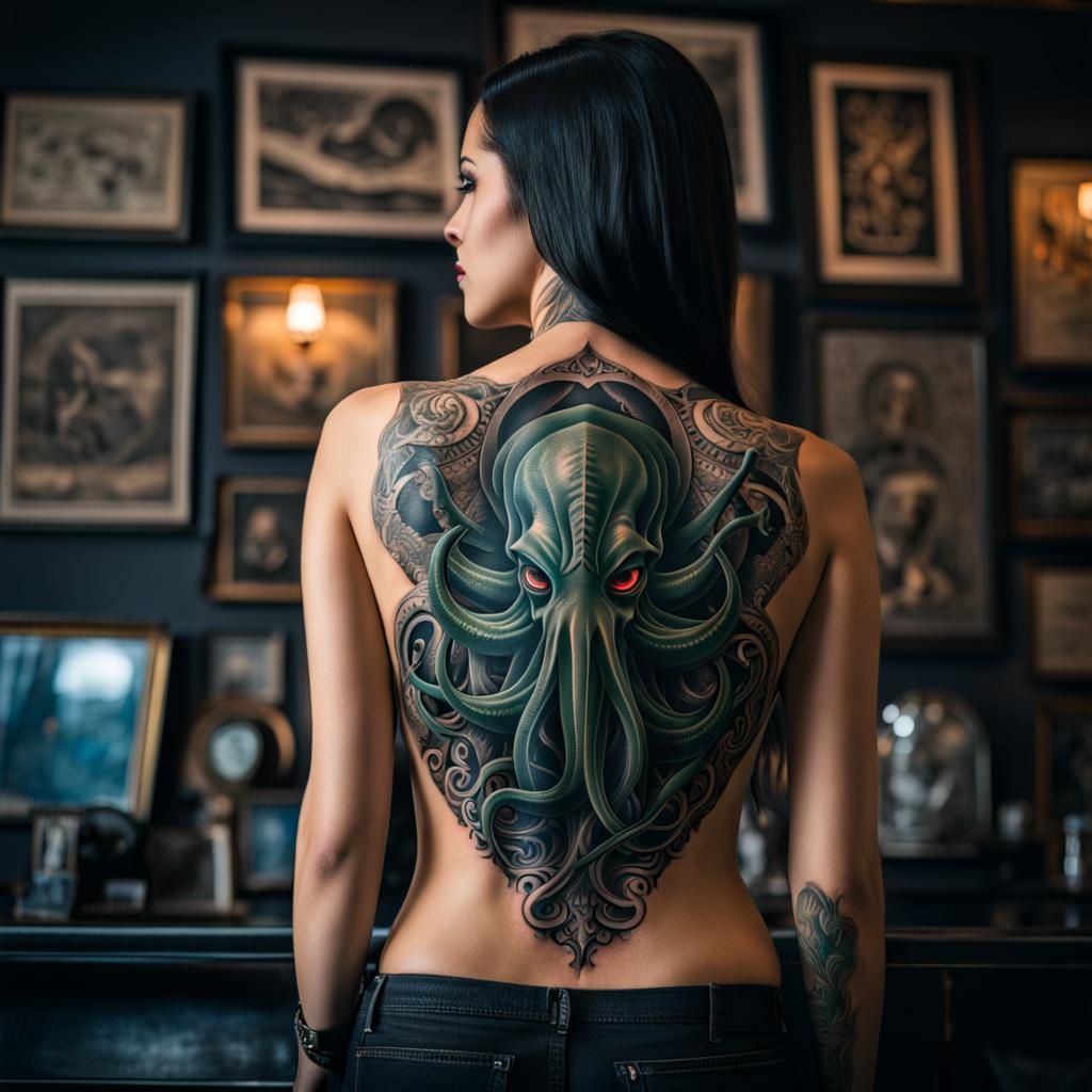 Hyperrealistic Cthulhu Back Tattoo in Tattoo Shop