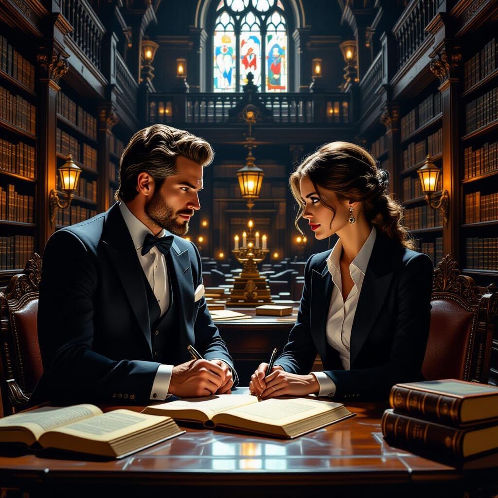 Rival Professors Duel in Gothic Library, Painterly Style