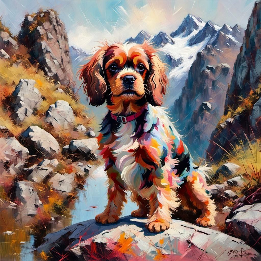Joyful Spaniel in Mountain Landscape, Tachisme Style