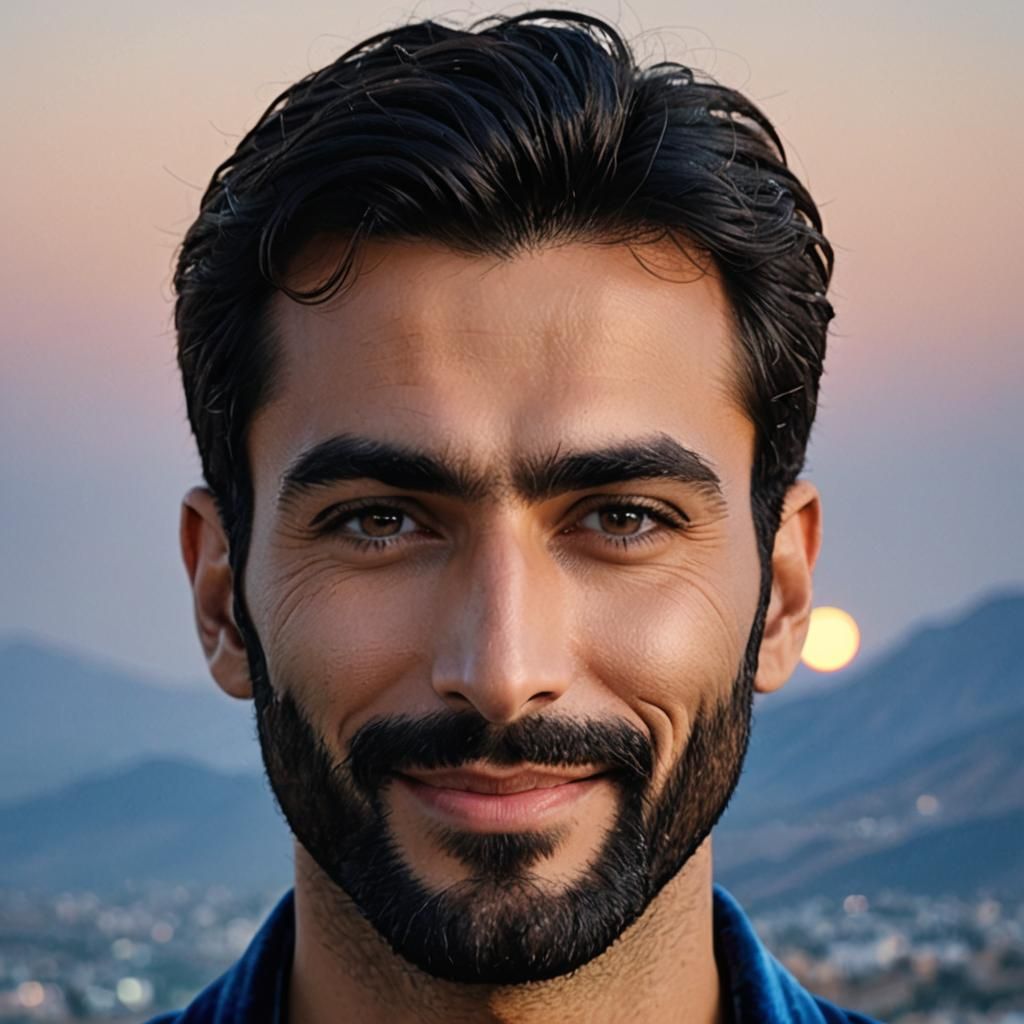 Smiling Iranian Man in Blue Velvet, Expressionist Oil