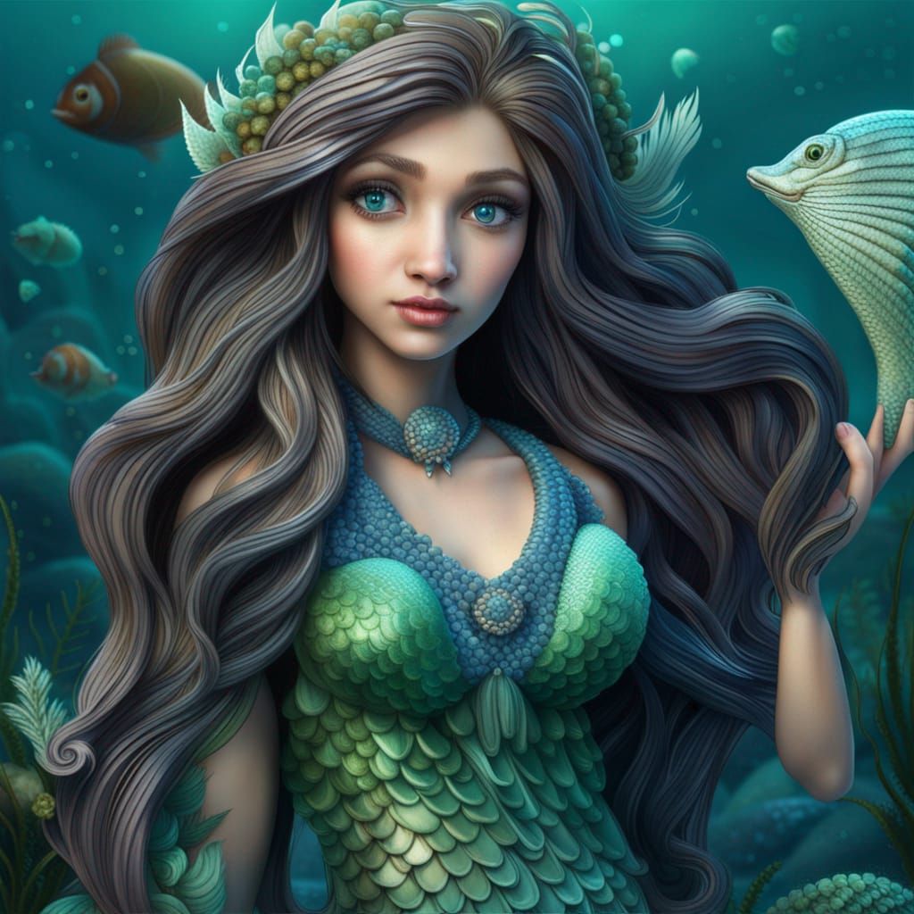 Charming Green-Eyed Mermaid with Blue Fishtail in 3D