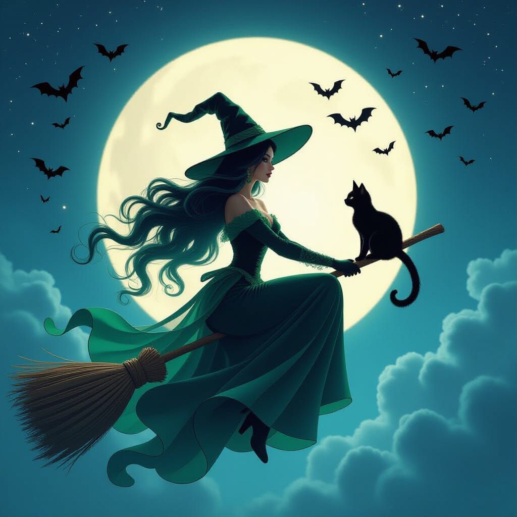 Witch Flying on Broomstick with Cat and Moon