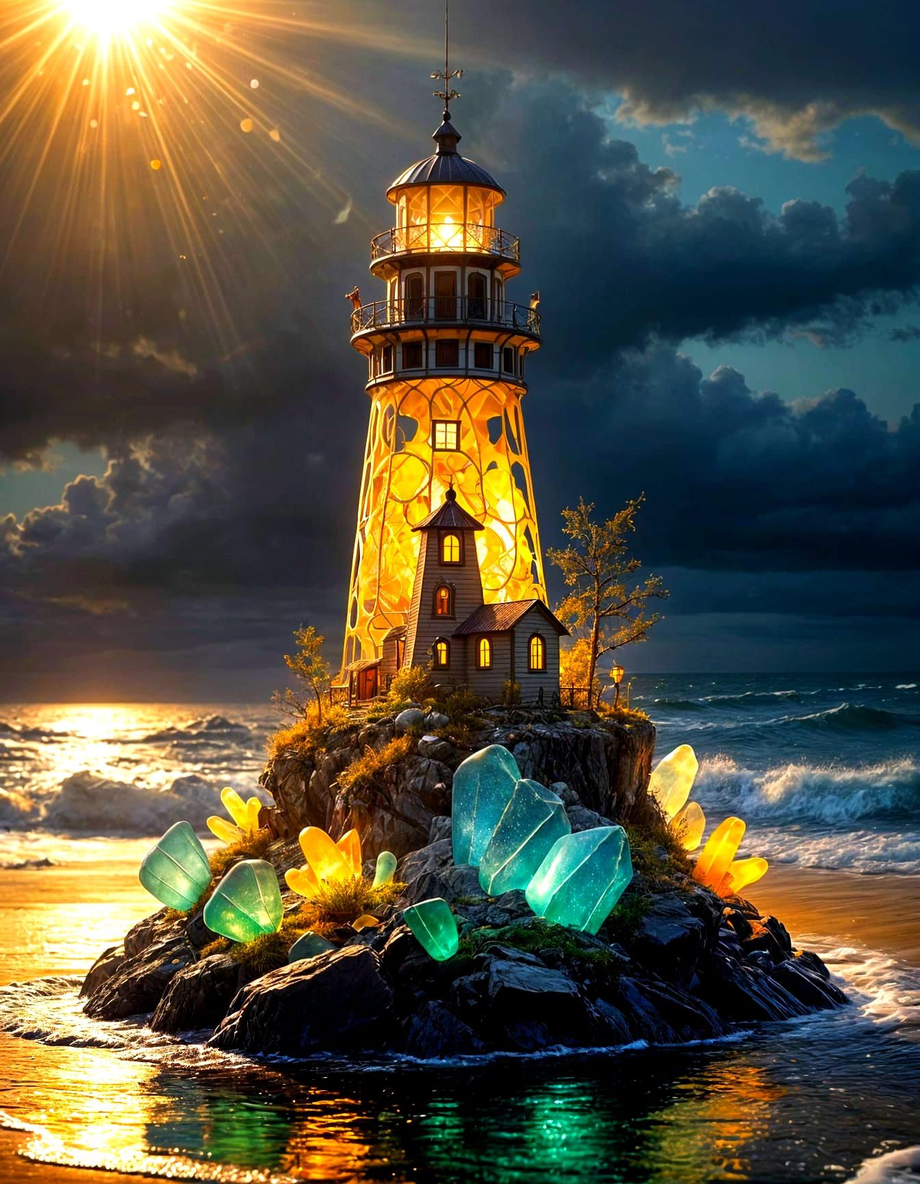 Glowing Sea Glass Lighthouse in Golden October