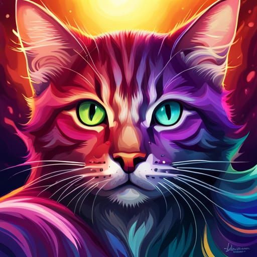 Psychedelic Tabby Cat Art in Triadic Colors