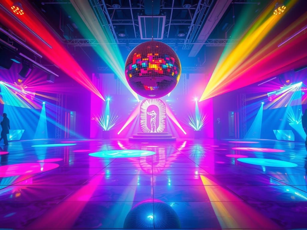 Surreal Disco Dance Floor with Radiant Lights and Disco Ball