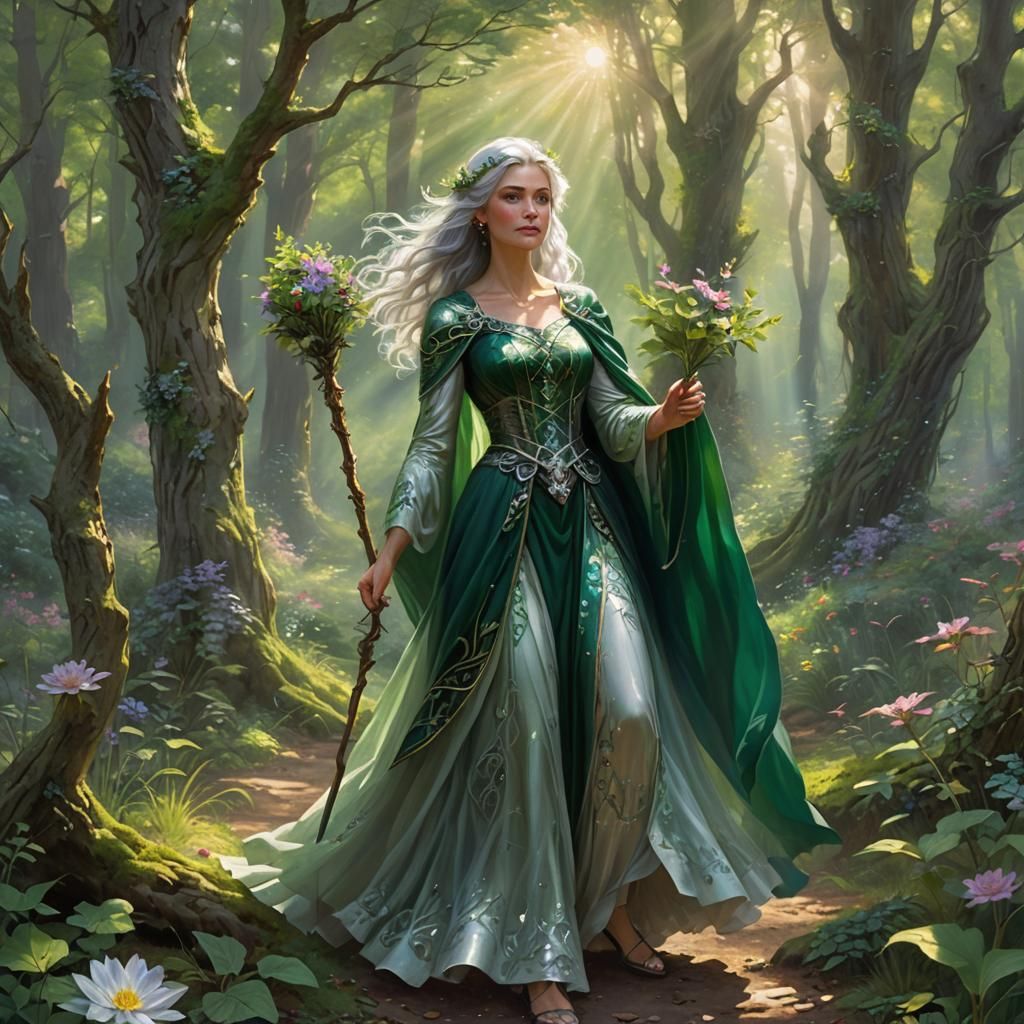 Forest Druid with Magic Staff in Sunlit Forest