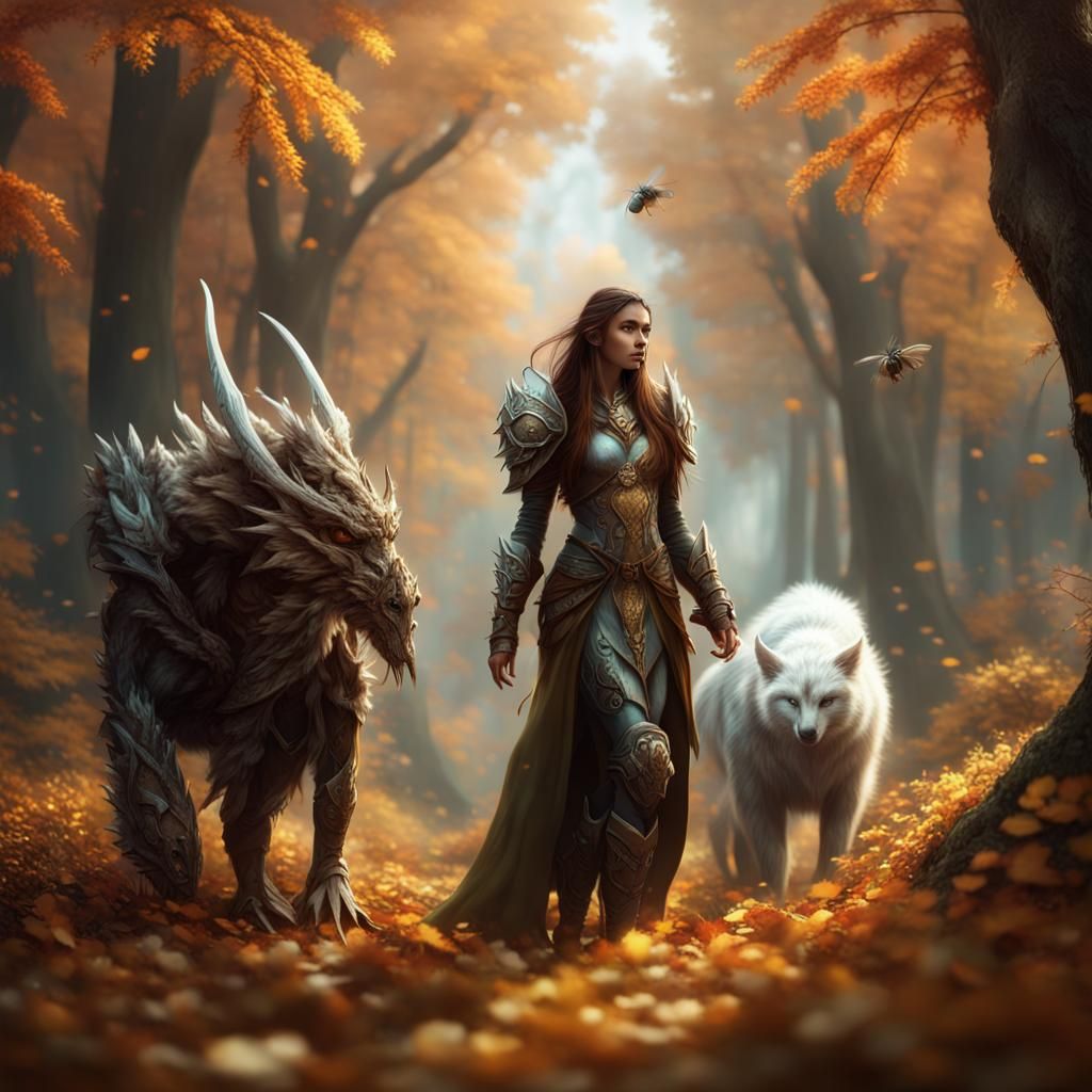 Elf, Dragonborn, and Bee in Autumn Forest