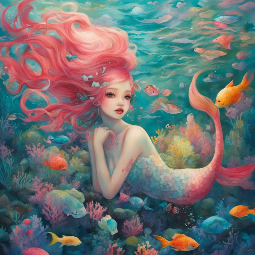 Ethereal Mermaid Underwater in Japanese Style