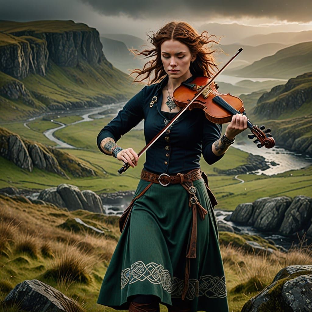 Celtic Fiddle Player in Mystical Landscape