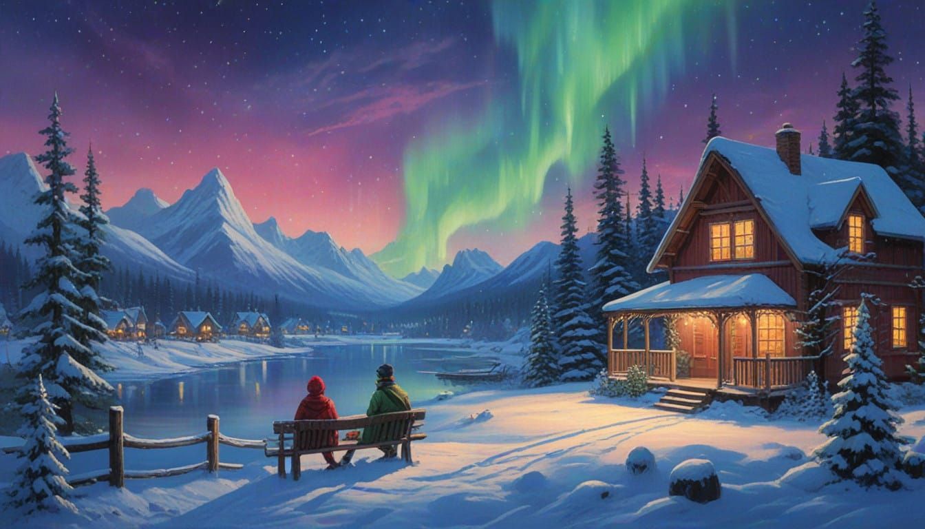 Whimsical Winter Scene with Northern Lights