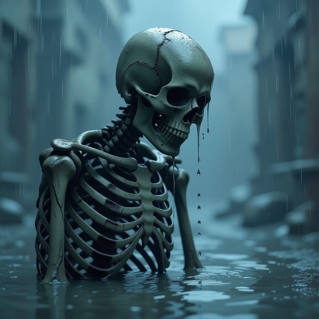Skeleton Dissolving in Macabre Rainstorm